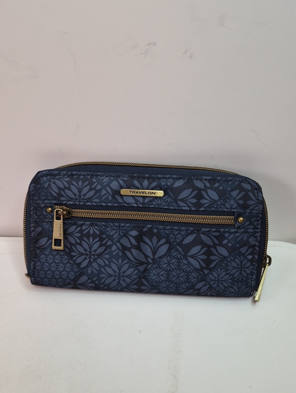 Travelon Navy Floral Print Women's Wallet with Gold Accents